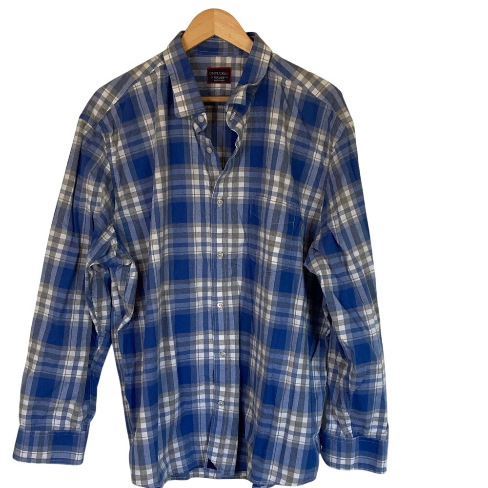 Untuckit Mens Blue Grey Plaid Button Front Shirt Size 3XL Collar Classic Cotton